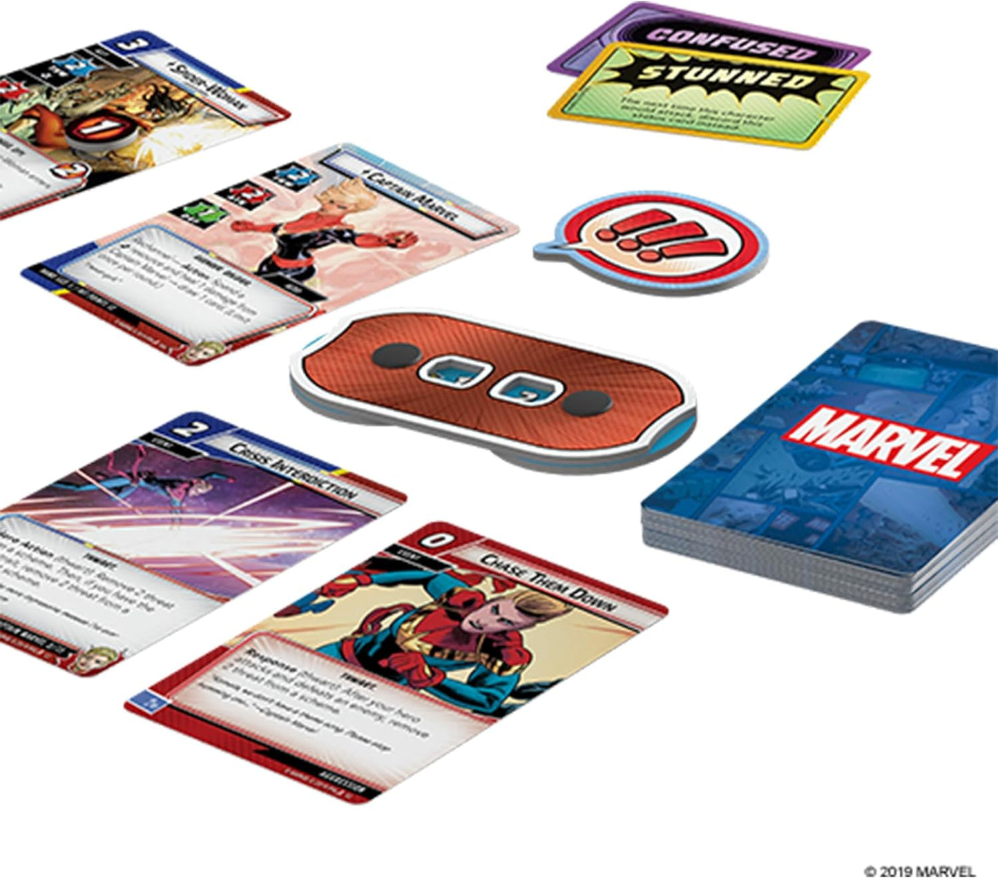 Marvel-themed card game components on a white background