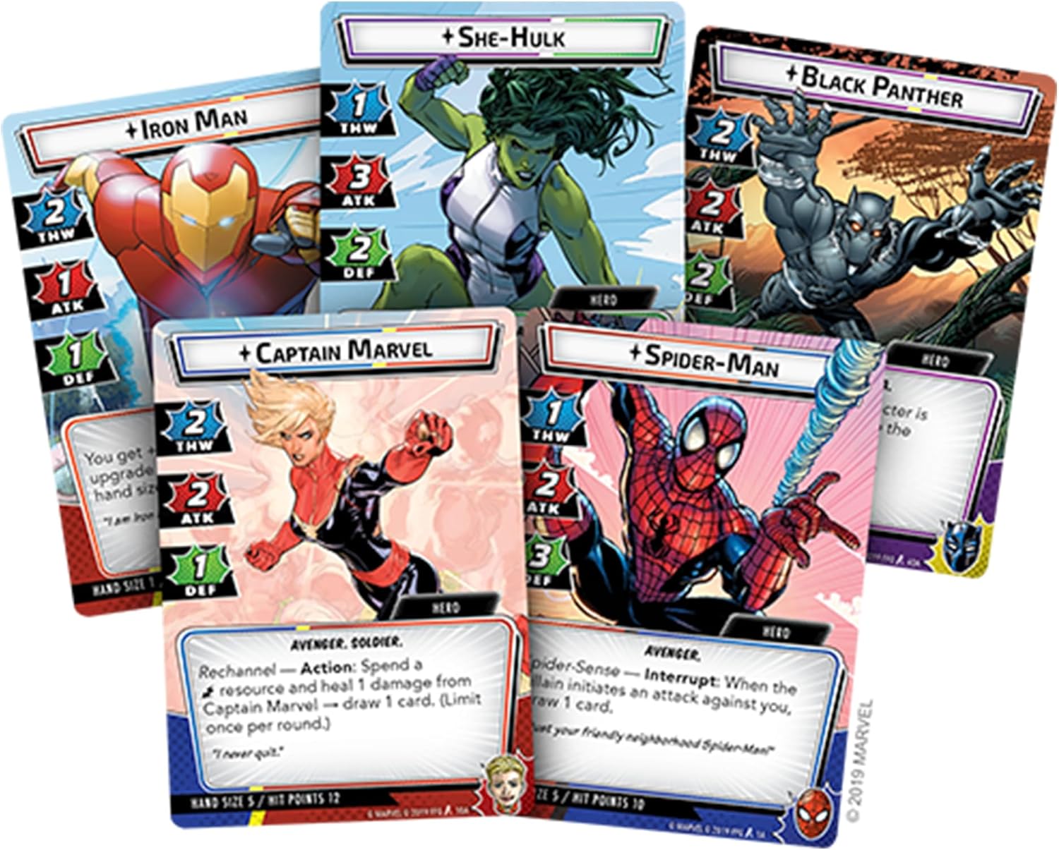 Collection of superhero trading cards featuring Iron Man, She-Hulk, Black Panther, Captain Marvel, and Spider-Man.