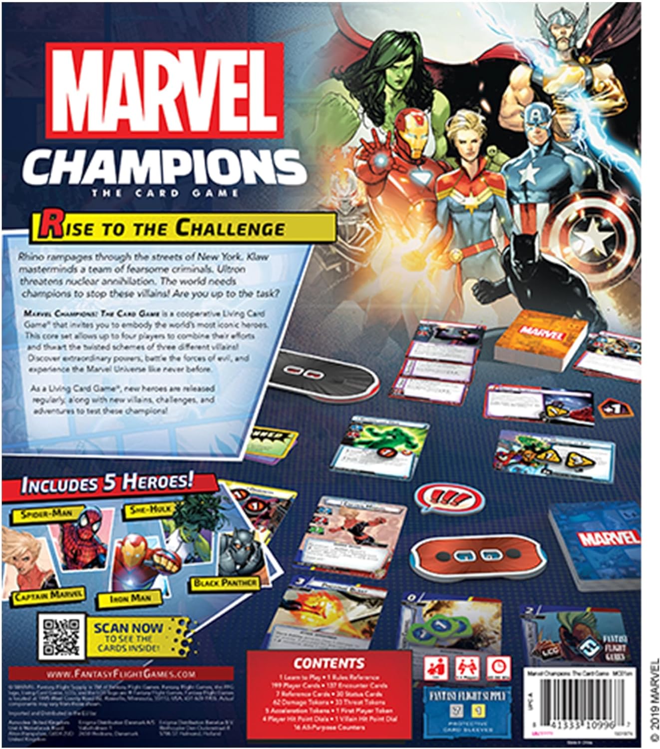 Marvel Champions card game packaging with superhero characters and game components.