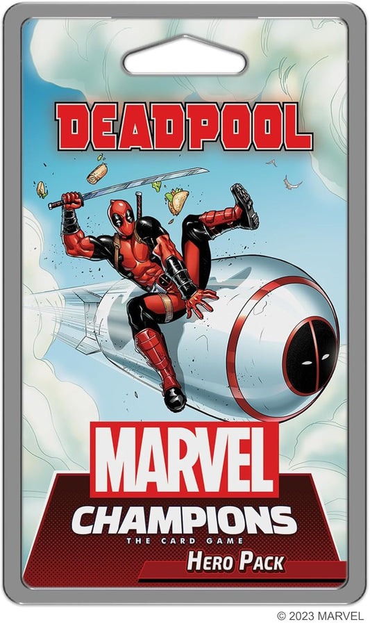 Marvel Champions card game hero pack featuring Deadpool on a rocket with Marvel logo.