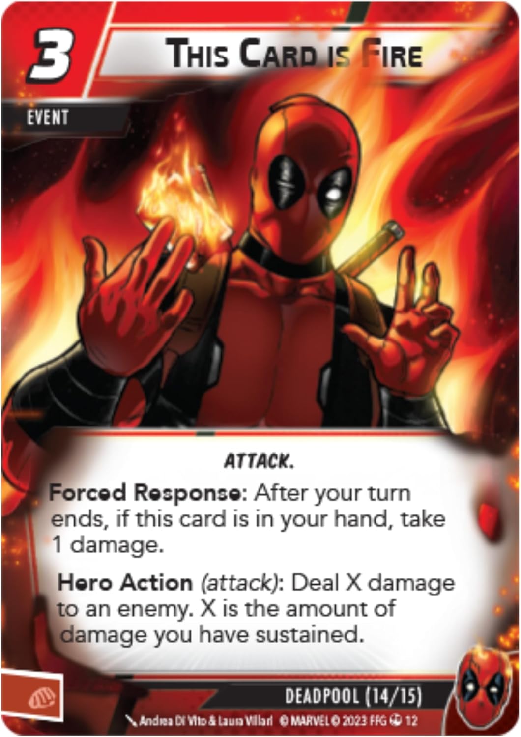 Deadpool card with fiery effects and text on a red background