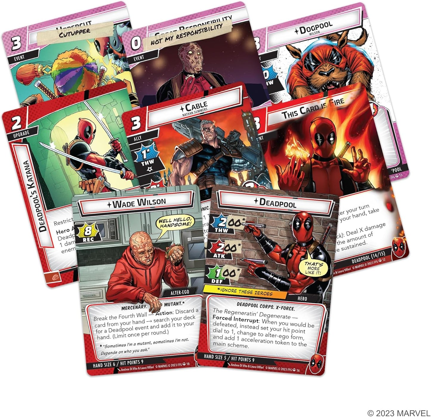 Collection of Deadpool trading cards with various poses and expressions.
