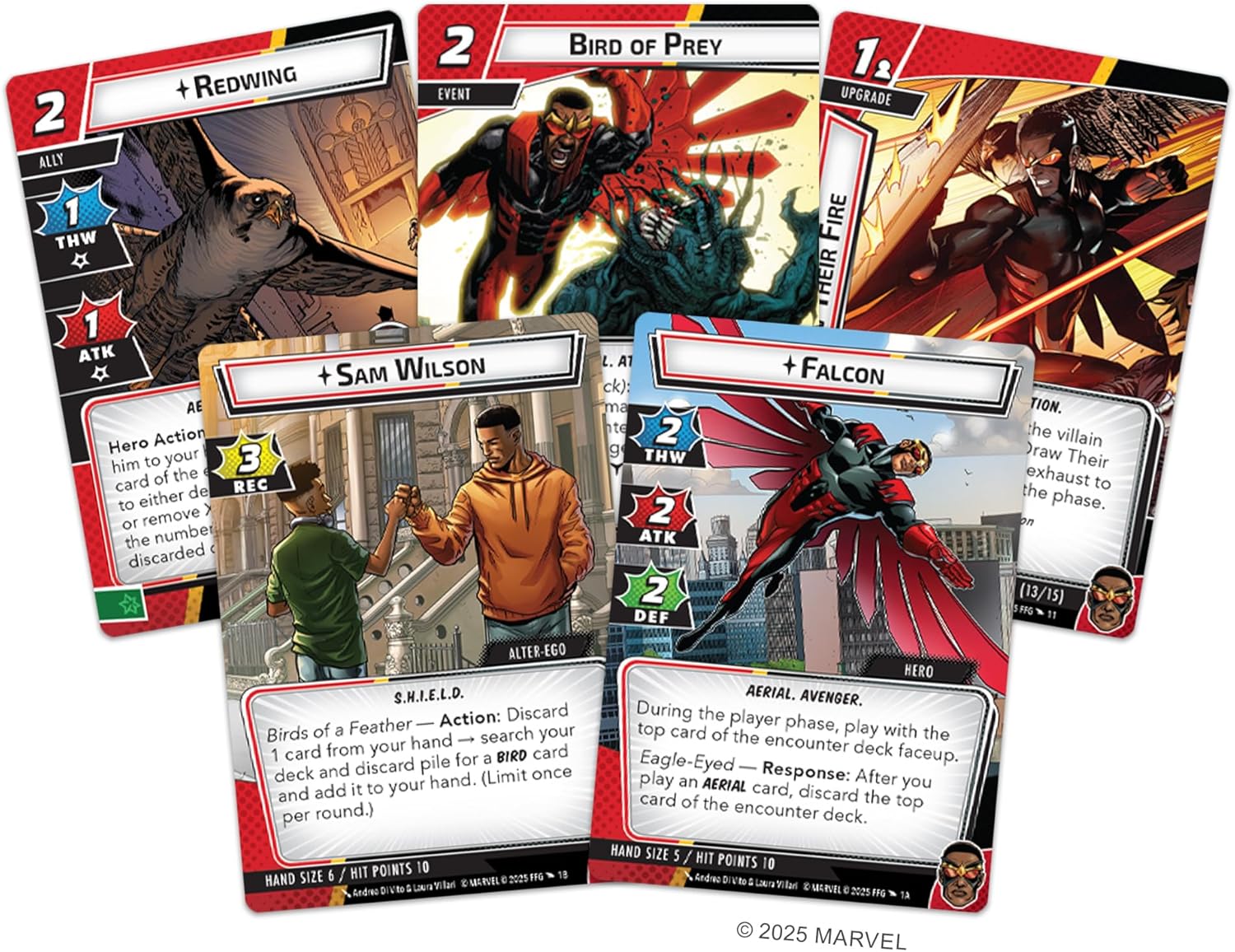 Collection of Marvel superhero trading cards featuring characters like Falcon and Sam Wilson.