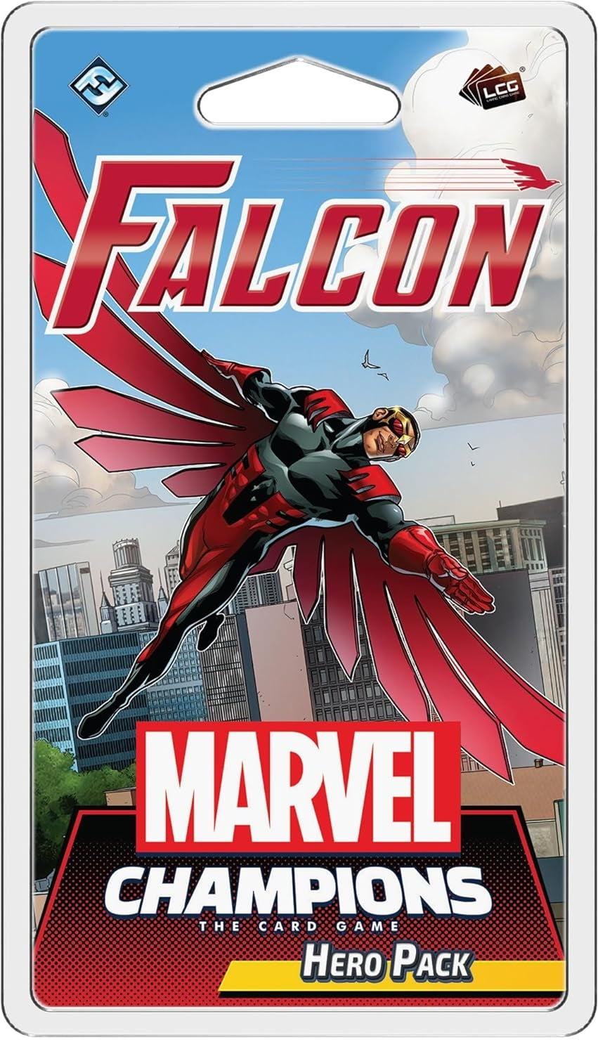 Marvel Champions card game hero pack with a superhero character on a cityscape background