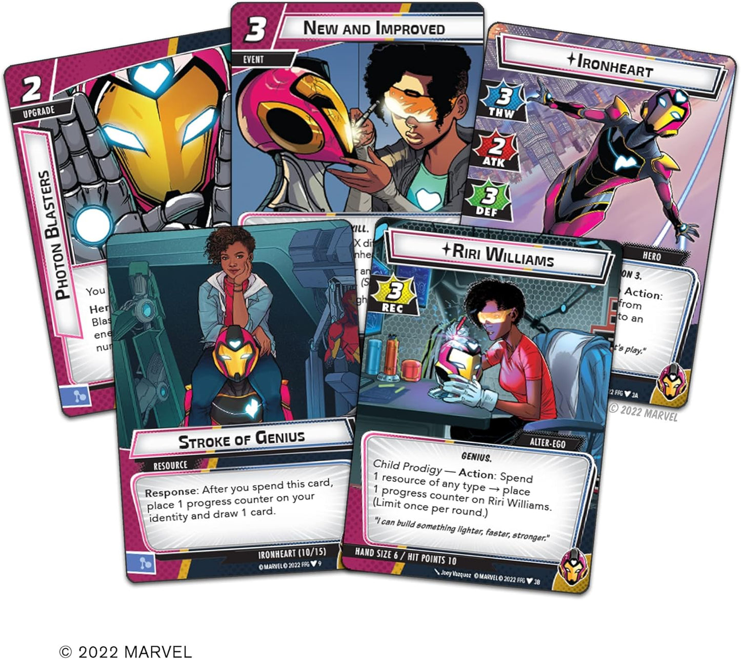 Collection of Marvel-themed trading cards featuring characters and game mechanics.