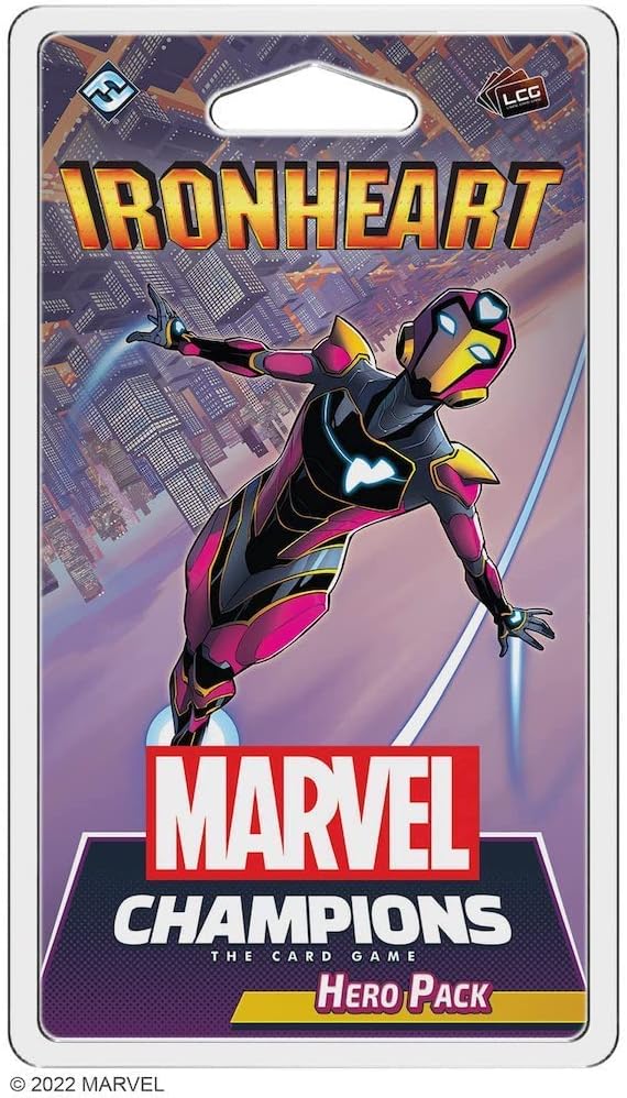 Marvel Champions card game hero pack with Ironheart character on a purple background