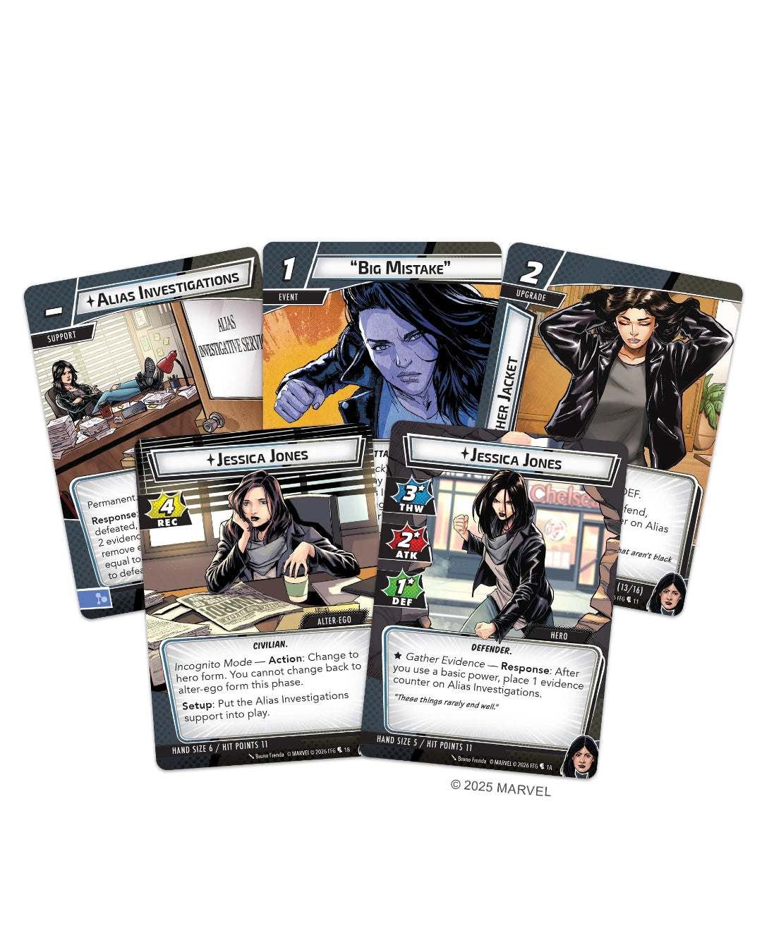Marvel Champions: The Card Game - Jessica Jones Hero Pack gaming cards on a plain white background, including cards for Alias Investigations, Big Mistake, and Jessica Jones abilities.