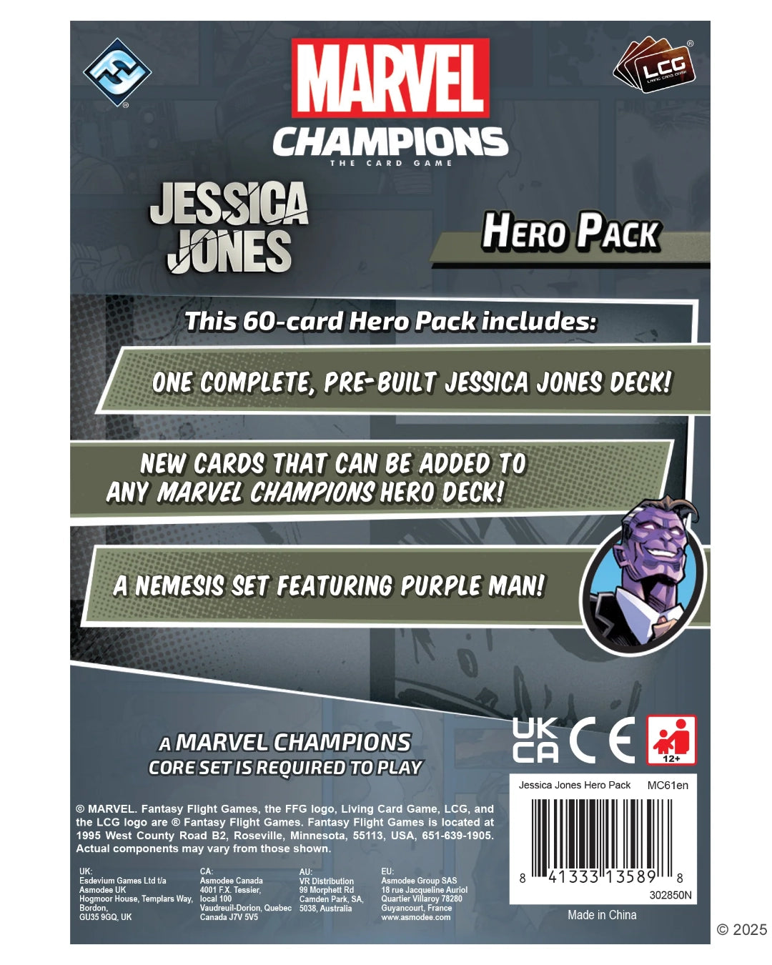 Back of a Marvel Champions Jessica Jones Hero Pack card box, showing product title, card count, included features, barcode, and Marvel branding on a dark gray background.