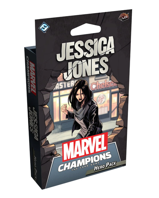 Marvel Champions: The Card Game - Jessica Jones Hero Pack box art, featuring an illustration of Jessica Jones breaking through a wall with a storefront in the background. The box is black with bold white and red text.