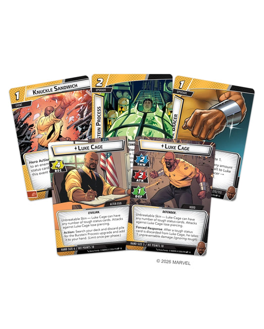 Four Marvel trading card game cards fanned out on a white background, featuring Marvel Cinematic Games characters including Knuckle Sandwich, Luke Cage, and a character card with a green helmet.
