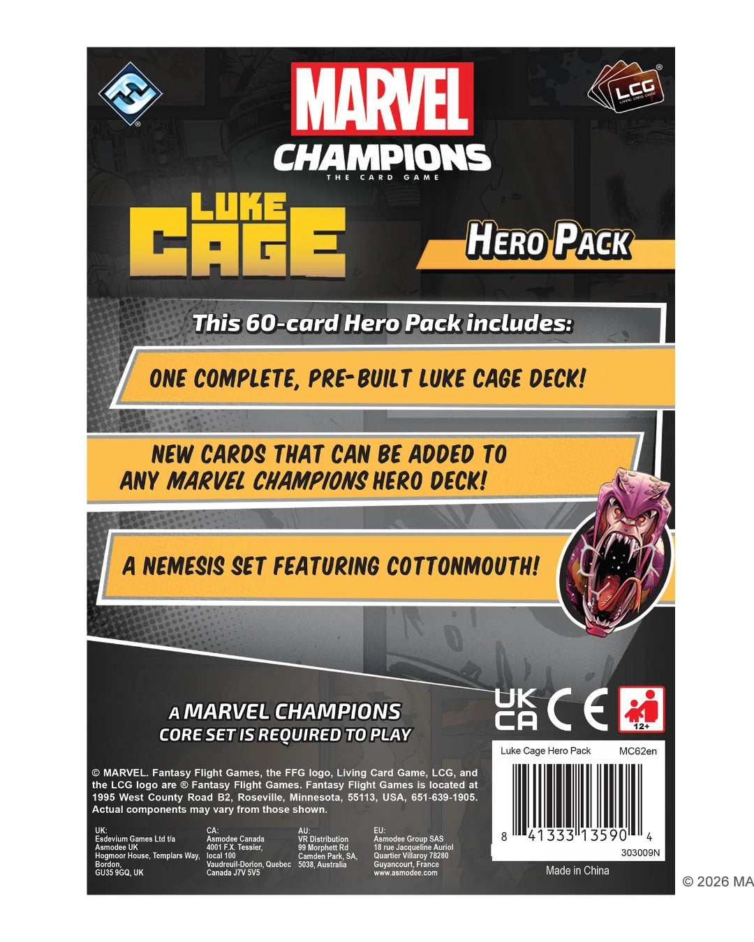 Back of a Marvel Champions Luke Cage Hero Pack card box or package insert, showing product title, feature callouts, card count, logos, and a barcode on a mostly black background.