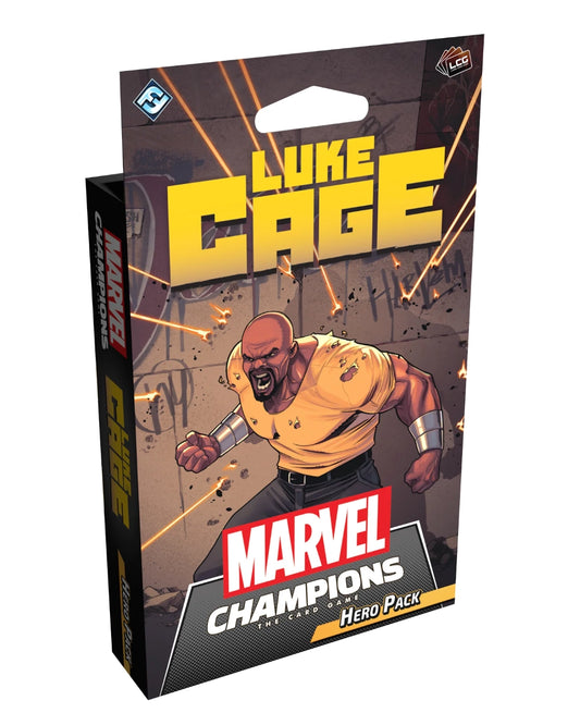 Marvel Champions: The Iron Fist Luke Cage Hero Pack box art on a plain white background. The packaging features a comic-style illustration of Luke Cage in his signature yellow shirt, with the Marvel Champions logo and the Fantasy Games Group logo visible.