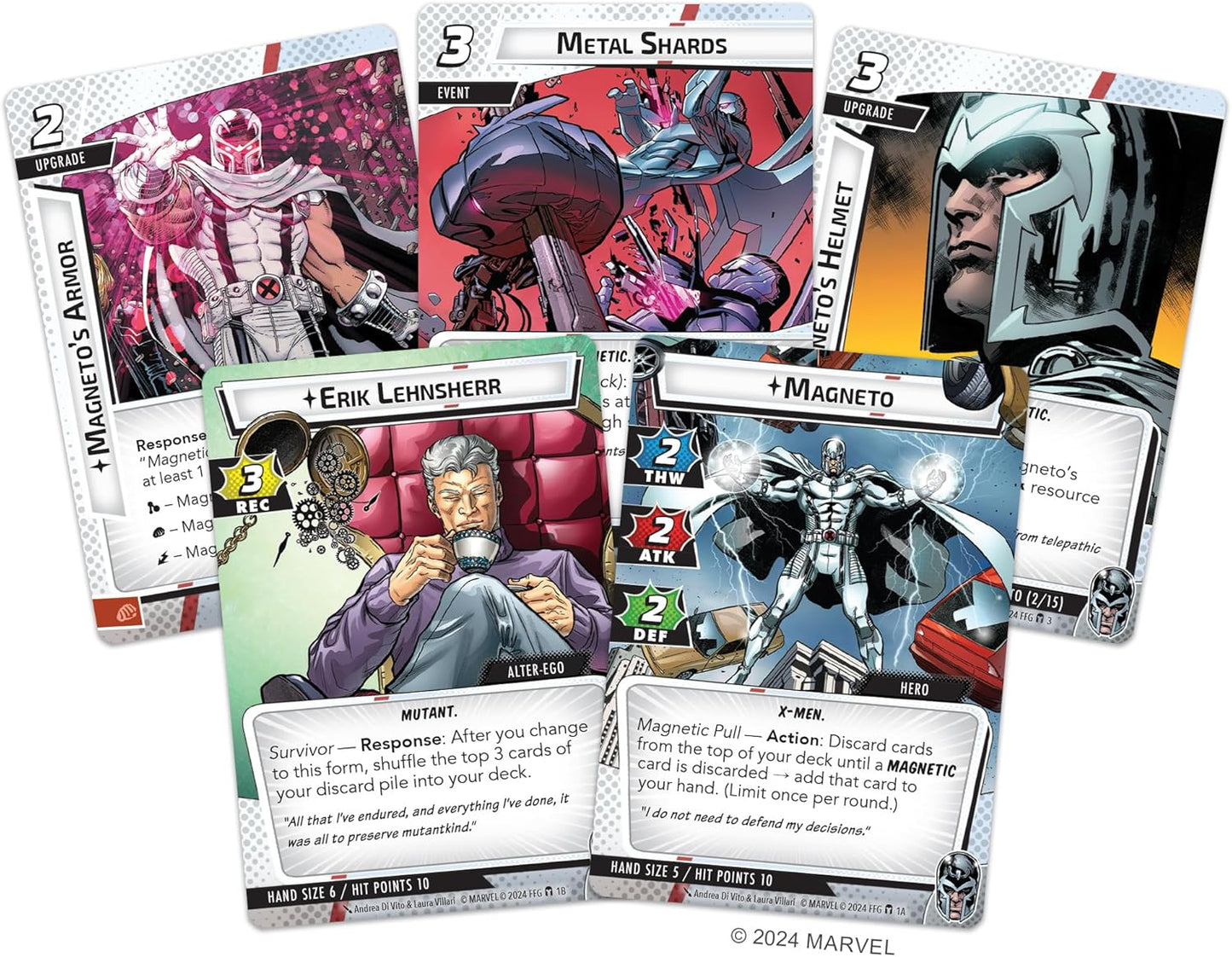 Collection of Marvel superhero trading cards featuring characters like Magneto and Erik Lehnsherr.