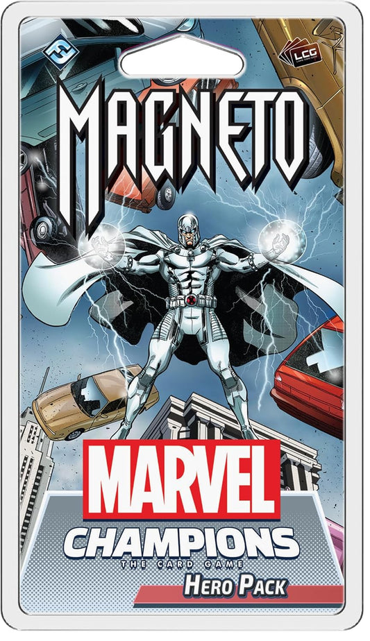 Marvel Champions hero pack featuring Magneto with comic book style background