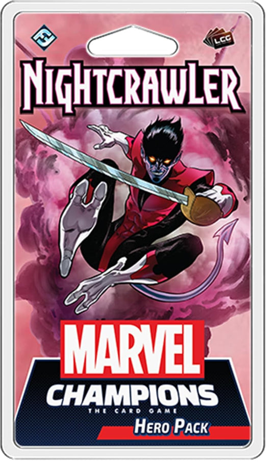 Packaging for 'Marvel Champions - Nightcrawler Hero Pack' featuring an illustration of the character Nightcrawler from the X-Men franchise, with a pink and purple backdrop.