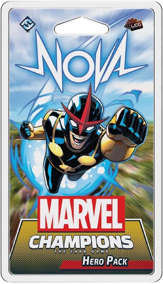 Marvel Champions hero pack with superhero character on a blue and white background