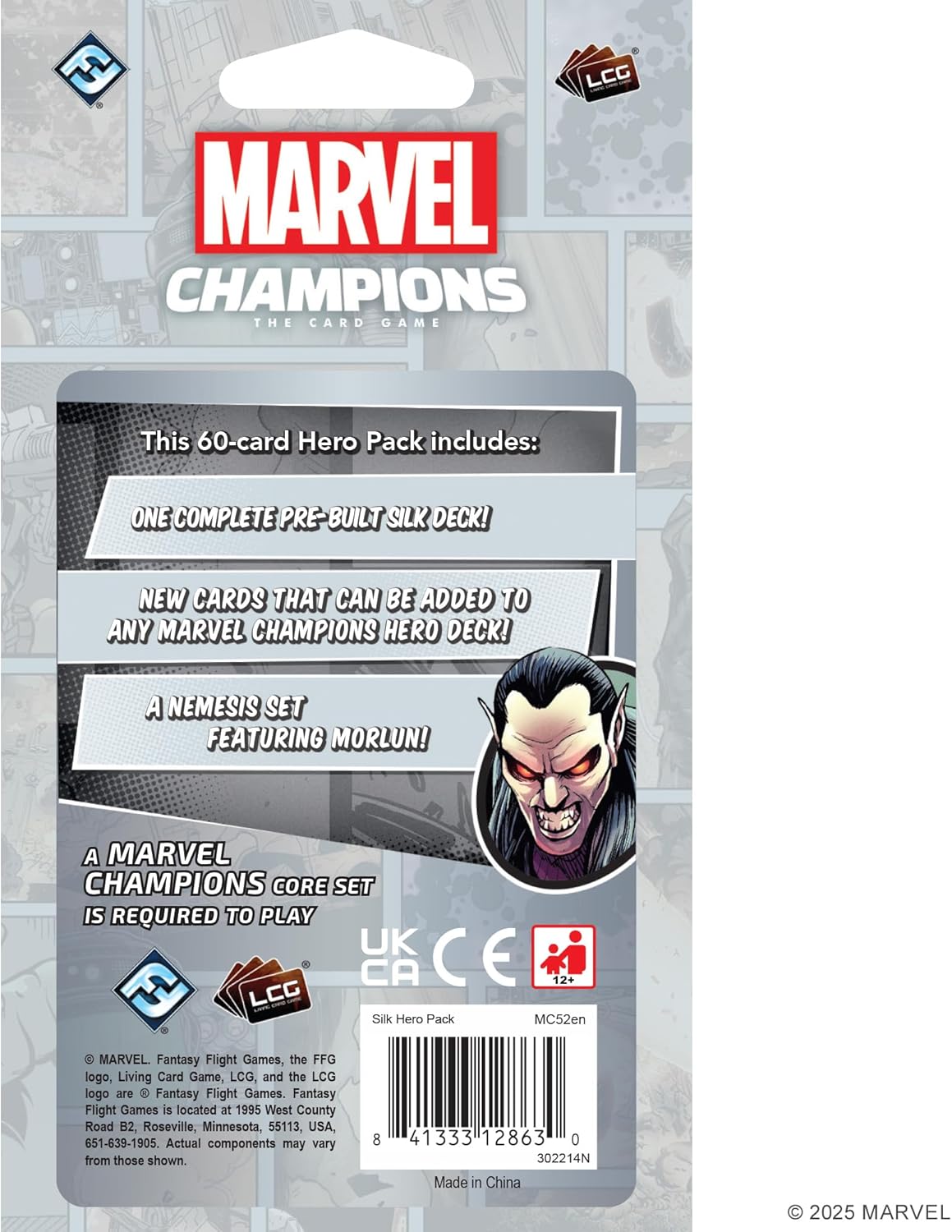Marvel Champions card game hero pack packaging with character illustration and text.