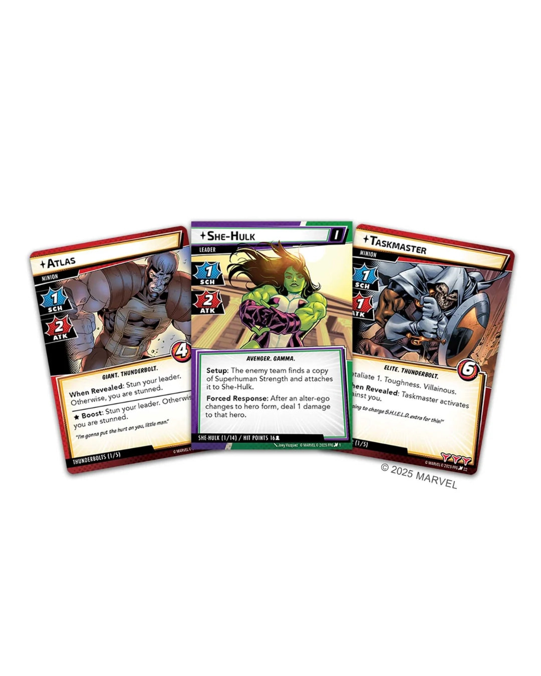 Marvel Champions: Synthezoid Smackdown Scenario Pack cards fanned out on a white background: Atlas, She-Hulk, and Taskmaster. The cards show illustrated comic-style artwork with health, strength, and colour indicators.