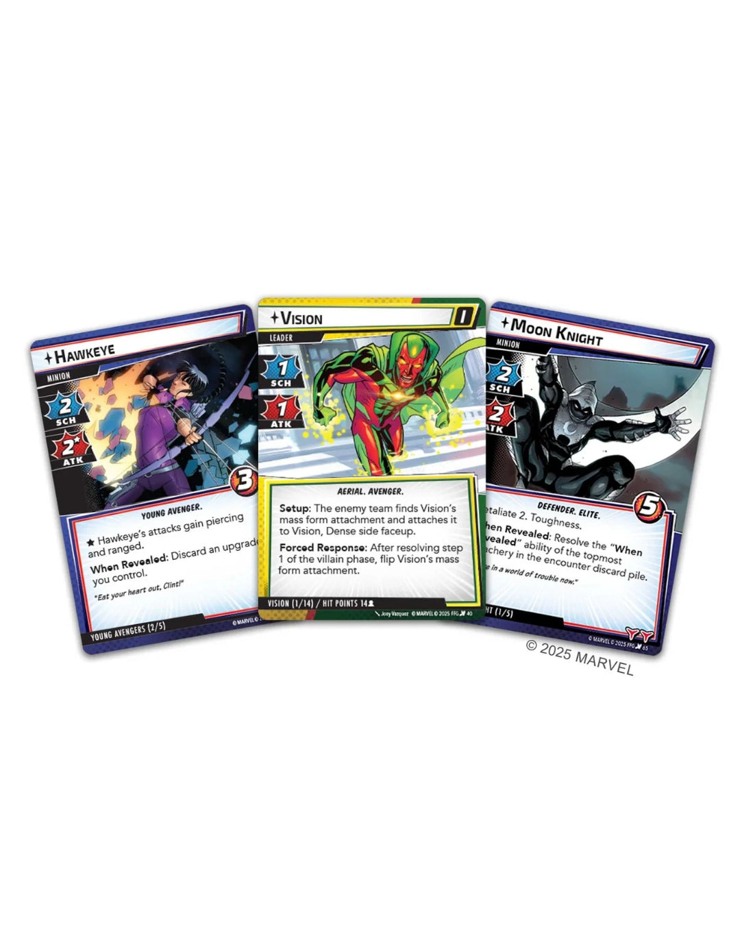 Marvel Champions: Synthezoid Smackdown Scenario Pack cards fanned out on a white background: Hawkeye, Vision, and Moon Knight. The cards show character artwork, stats, and rules text, with Marvel branding visible.