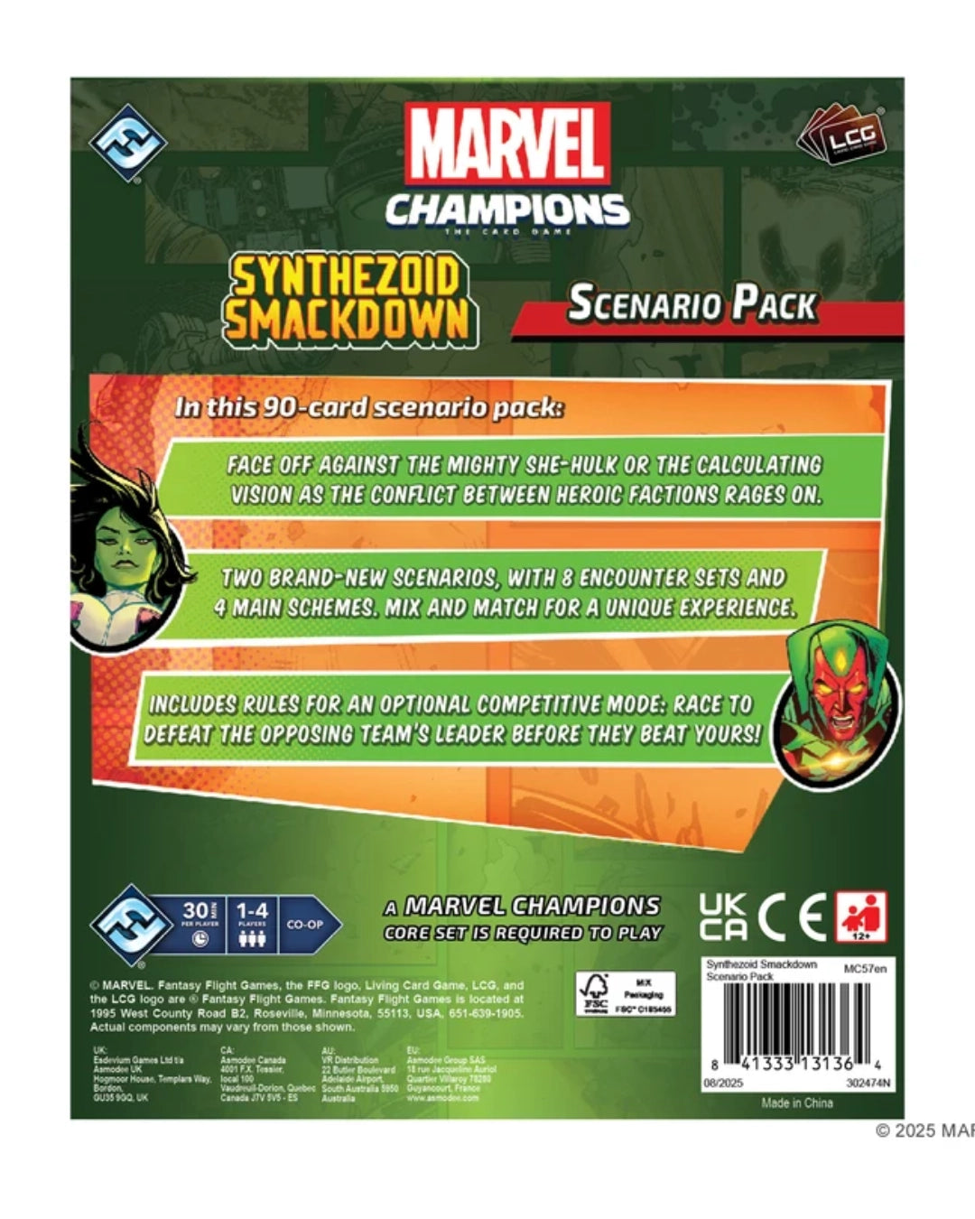 Back cover of the Marvel Champions: Synthezoid Smackdown Scenario Pack card game box, featuring green and orange graphics with product details, logos, and a barcode.