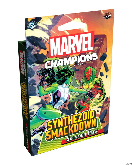 Marvel Champions: Synthezoid Smackdown Scenario Pack box art shown at a slight angle on a plain white background. The packaging features comic-style artwork with Marvel and LCG logos, plus prominent character art and the product title.