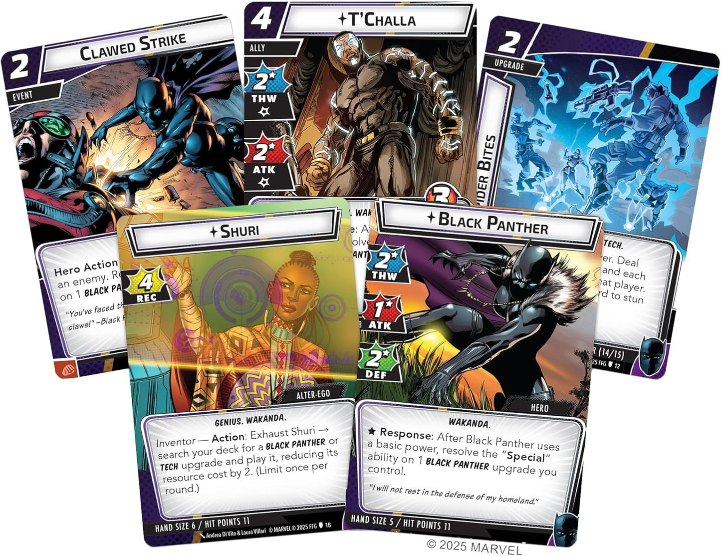Collection of Marvel superhero trading cards featuring characters like Black Panther and Shuri.