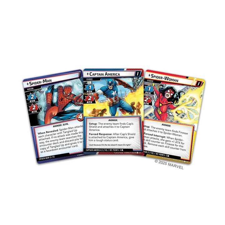 Three superhero trading cards featuring Spider-Man, Captain America, and Spider-Woman on a white background.