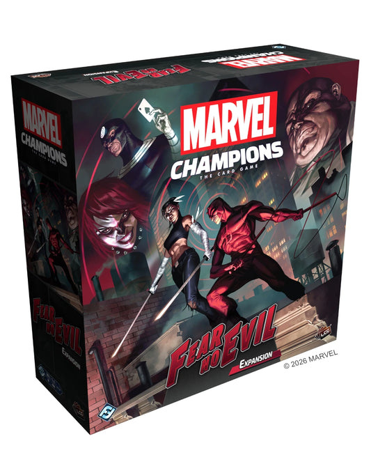 Marvel Champions Fear No Evil LCG expansion box with superhero characters on a white background