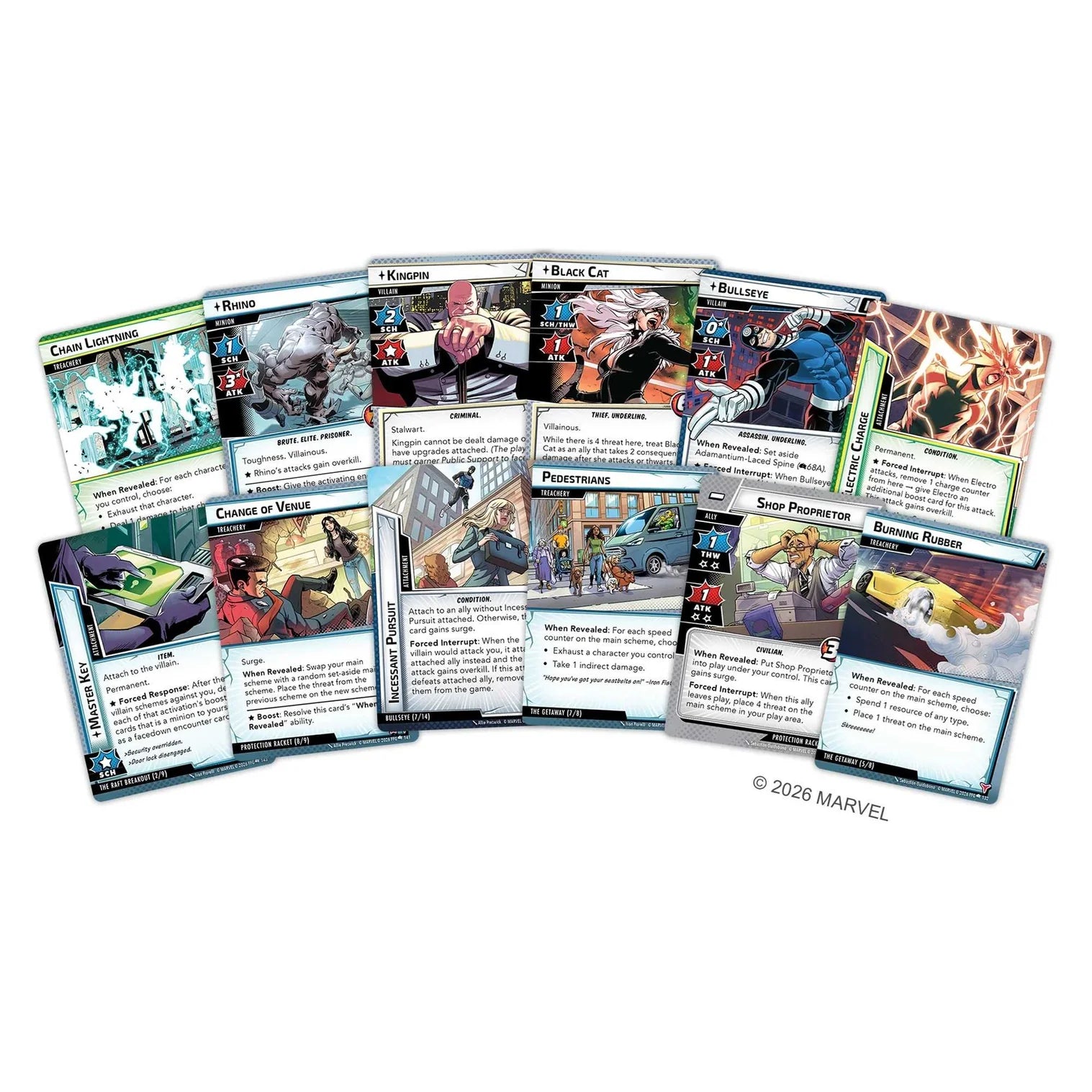 Collection of Marvel Champions Fear No Evil LCG expansion cards on a white background