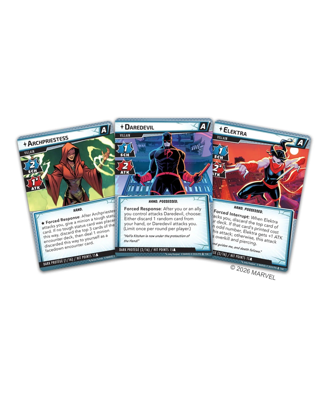 Three Marvel card faces from Marvel Champions: Champions of the Superhero Age are displayed on a white background, showing character art and game text.