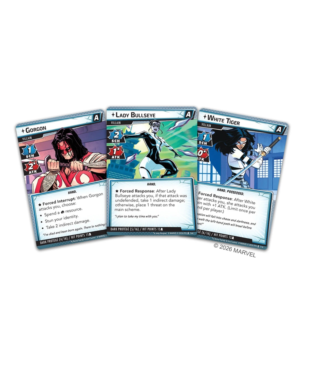 Three Marvel trading card faces are shown overlapping on a plain white background: Gorgon, Lady Bullseye, and White Tiger. The cards feature illustrated character art and text boxes, with Marvel branding visible.