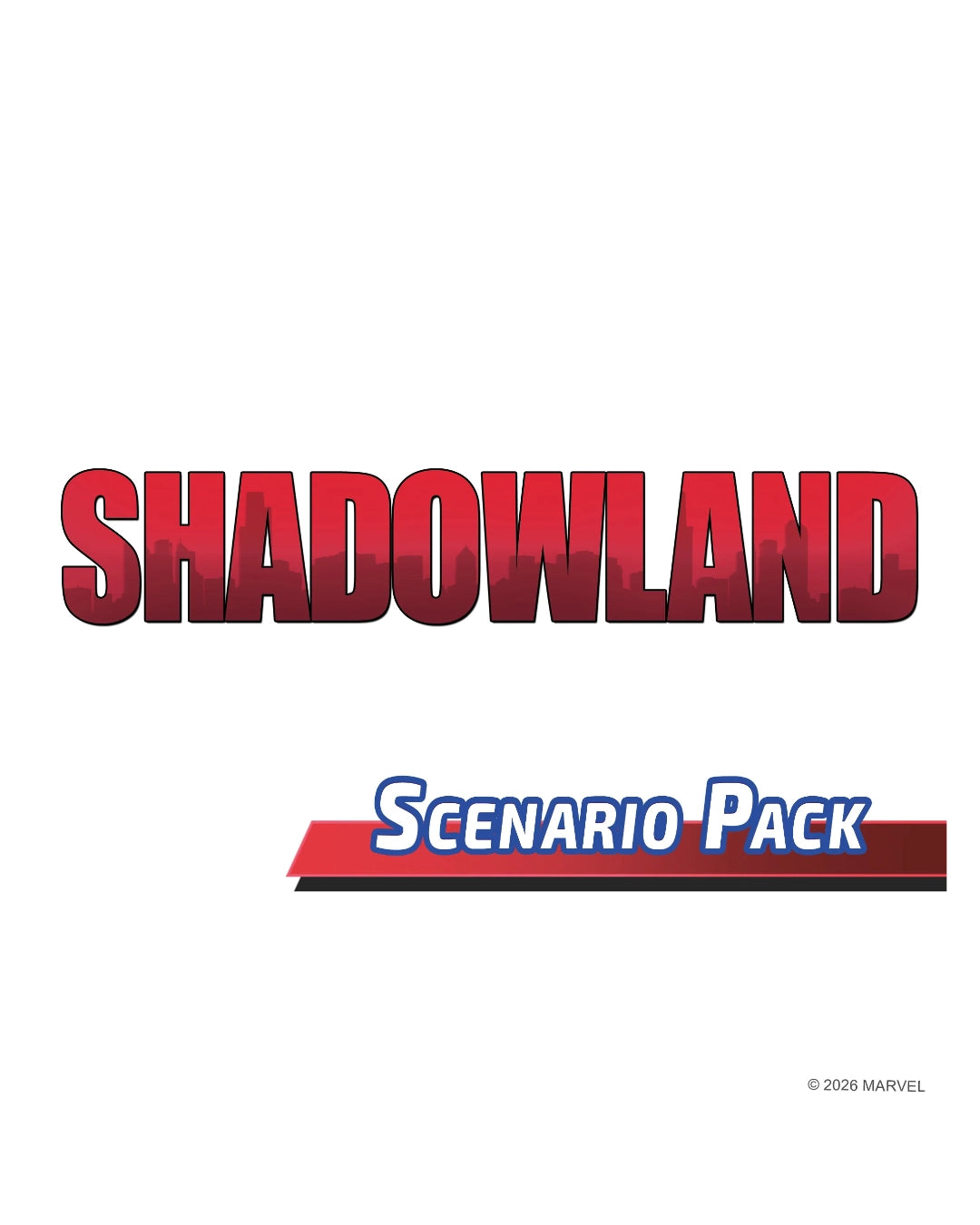 A digital cover graphic for Marvel's Shadowland Scenario Pack, featuring the 'SHADOWLAND' logo in red gradient letters and the 'SCENARIO PACK' title in blue and red on a white background.
