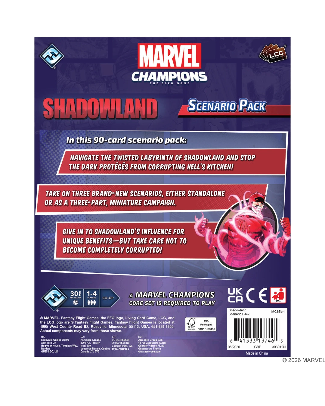 Back of the Marvel Champions Shadowland Scenario Pack box art, showing the Marvel Champions logo, the title 'Shadowland', a small character illustration, and product details on a dark purple background.
