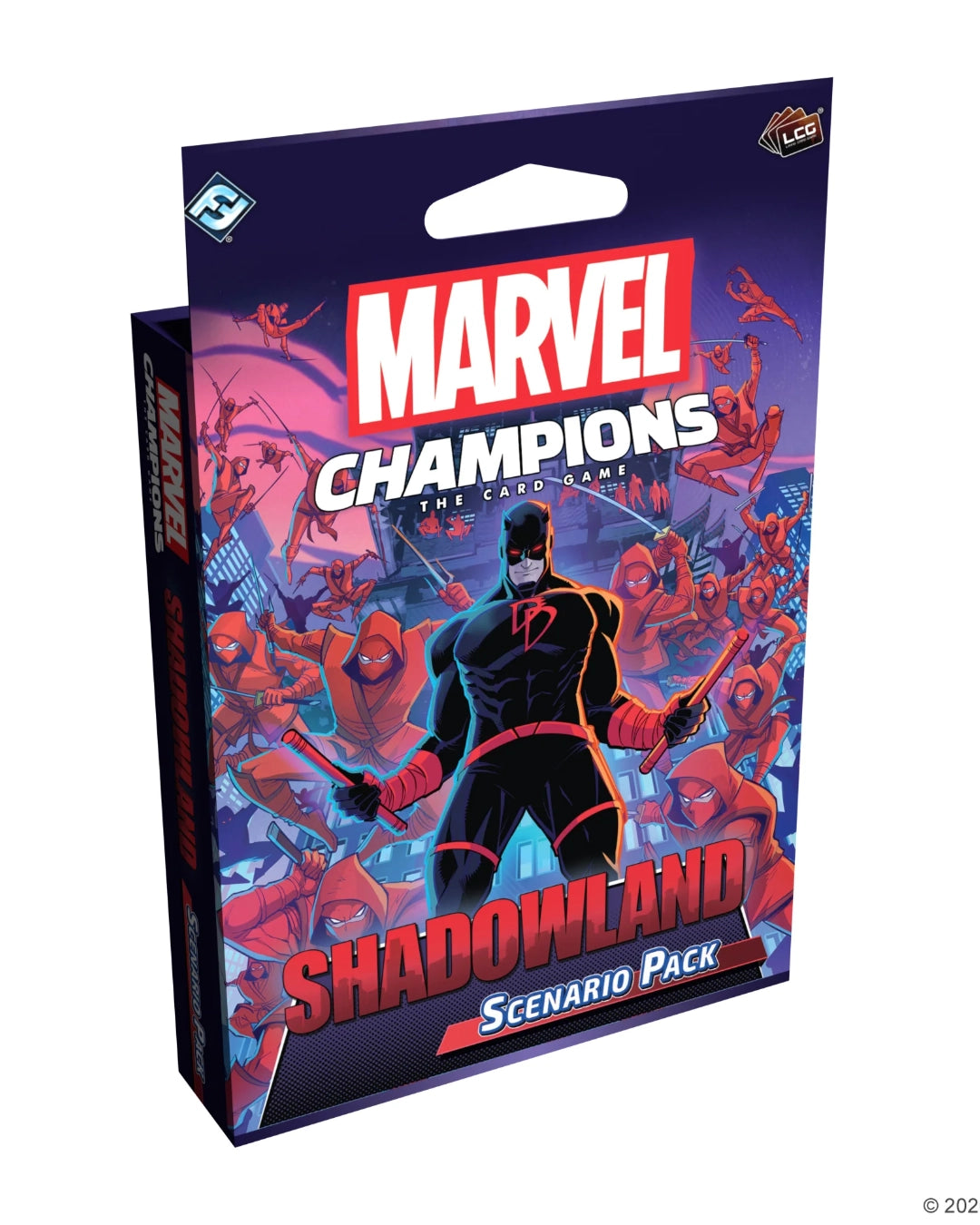Marvel Champions: The Card Game Shadowland Scenario Pack box art on a plain white background. The packaging features Marvel branding, the LCG logo, and an illustrated cover with Marvel characters in red and black against a purple-toned city scene.