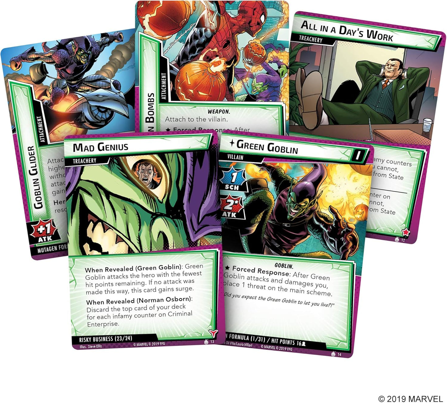Collection of Marvel-themed trading cards featuring characters and game mechanics.