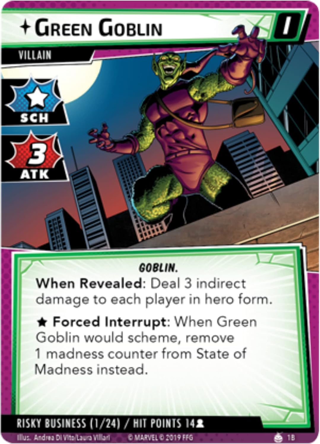 Card featuring Green Goblin with superhero and villain stats, abilities, and artwork.