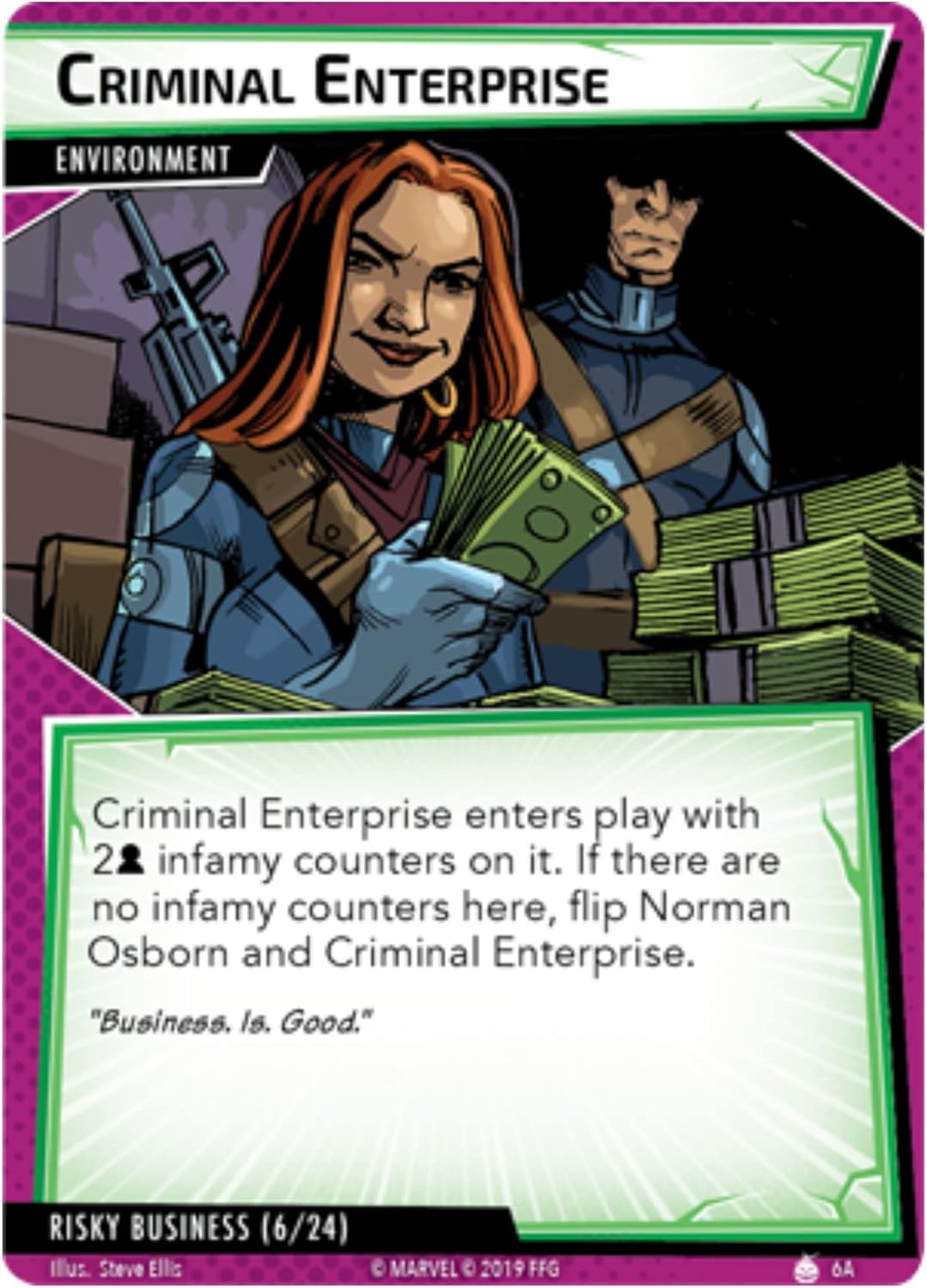 Card featuring a character with red hair holding money, with text and graphics indicating it's from a game or collectible card set.