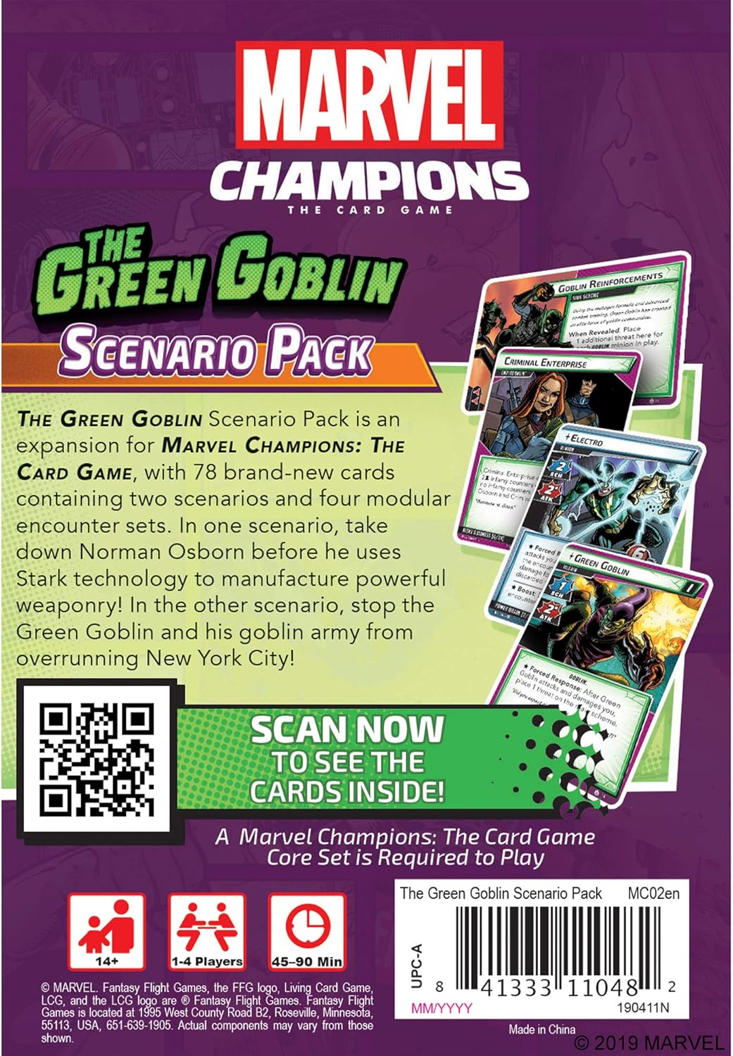 Marvel Champions: The Green Goblin Scenario Pack packaging with game cards and branding.