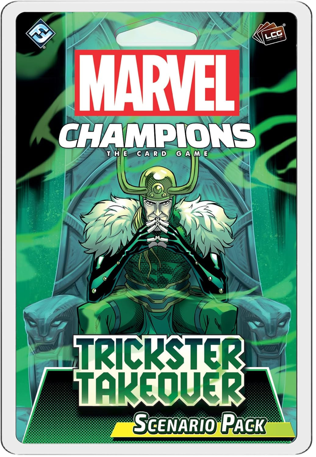 Marvel Champions card game scenario pack with green character on throne