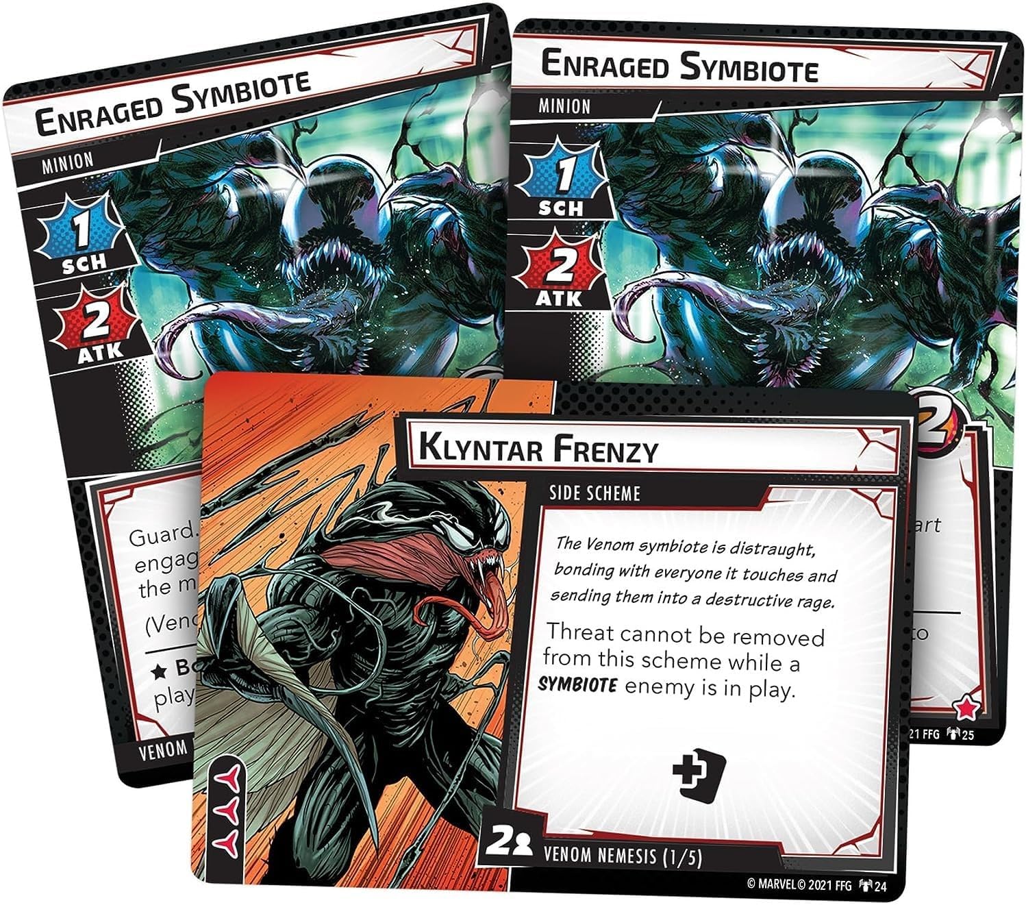 Three comic book-style cards featuring characters and text for Marvel Champions - Venom Hero Pack on a white background