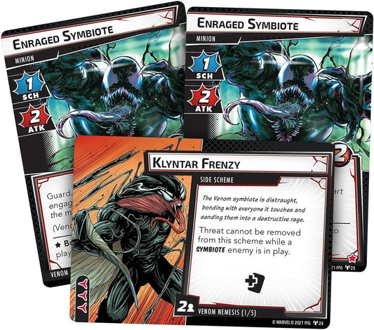 Three comic book-style cards featuring characters and text for Marvel Champions - Venom Hero Pack on a white background