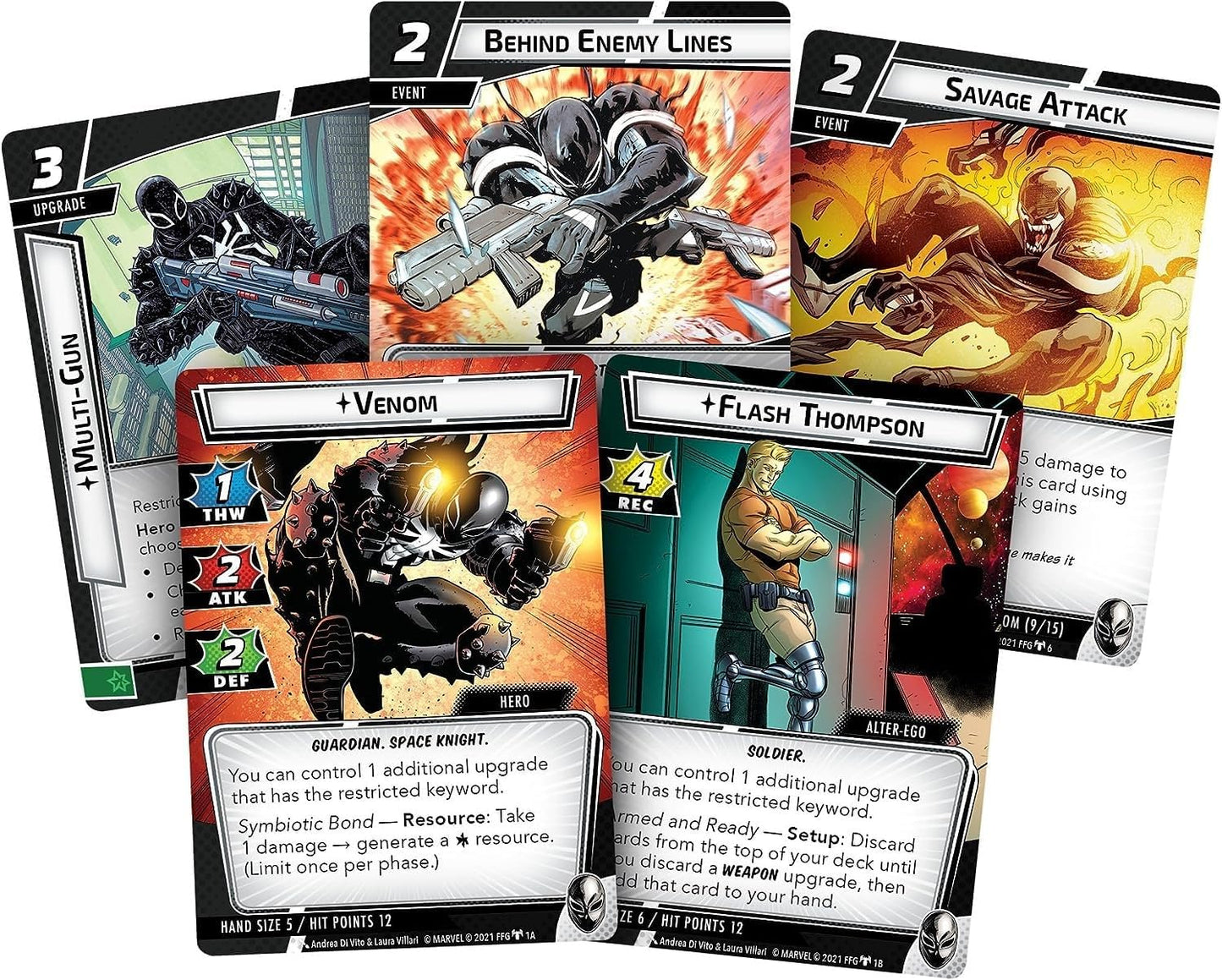 Collection of superhero trading cards with various characters and text for Marvel Champions - Venom Hero Pack
