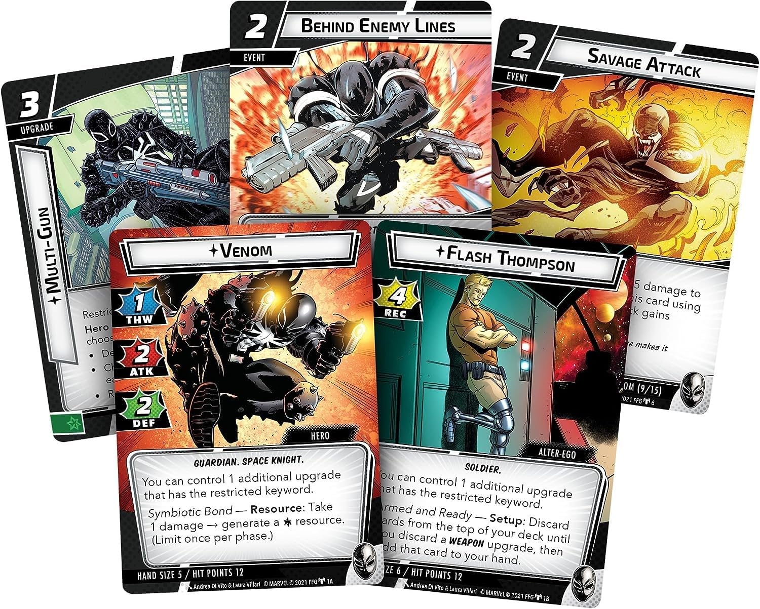 Collection of superhero trading cards with various characters and text for Marvel Champions - Venom Hero Pack
