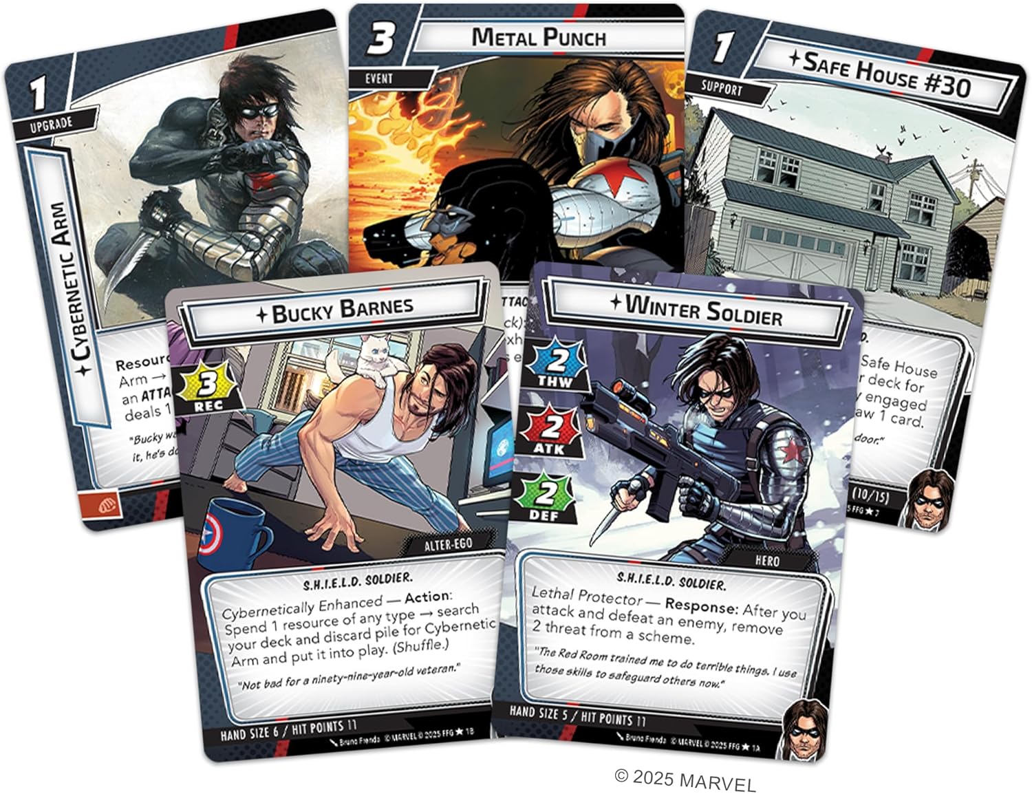 Collection of Marvel superhero trading cards featuring characters like Bucky Barnes and Winter Soldier.