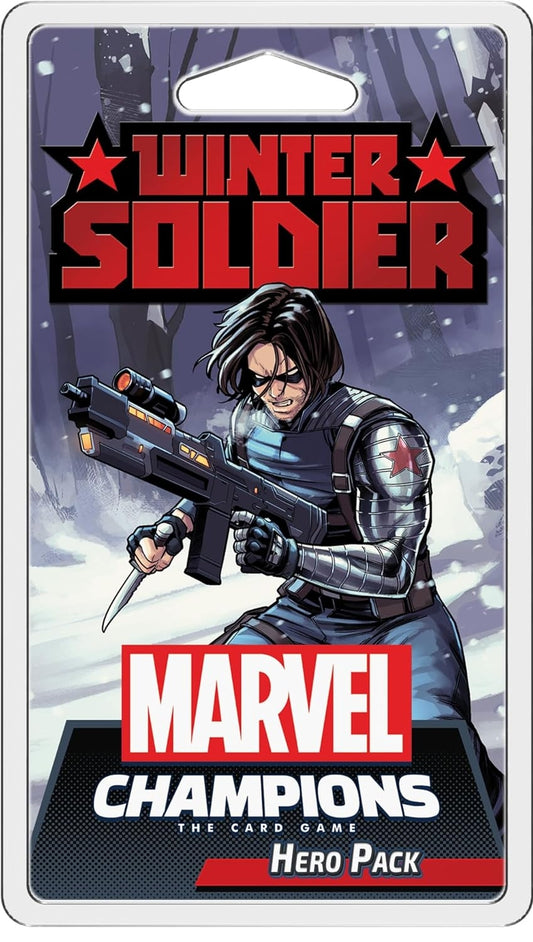 Marvel Champions Winter Soldier Hero pack packaging. set in a snow scene