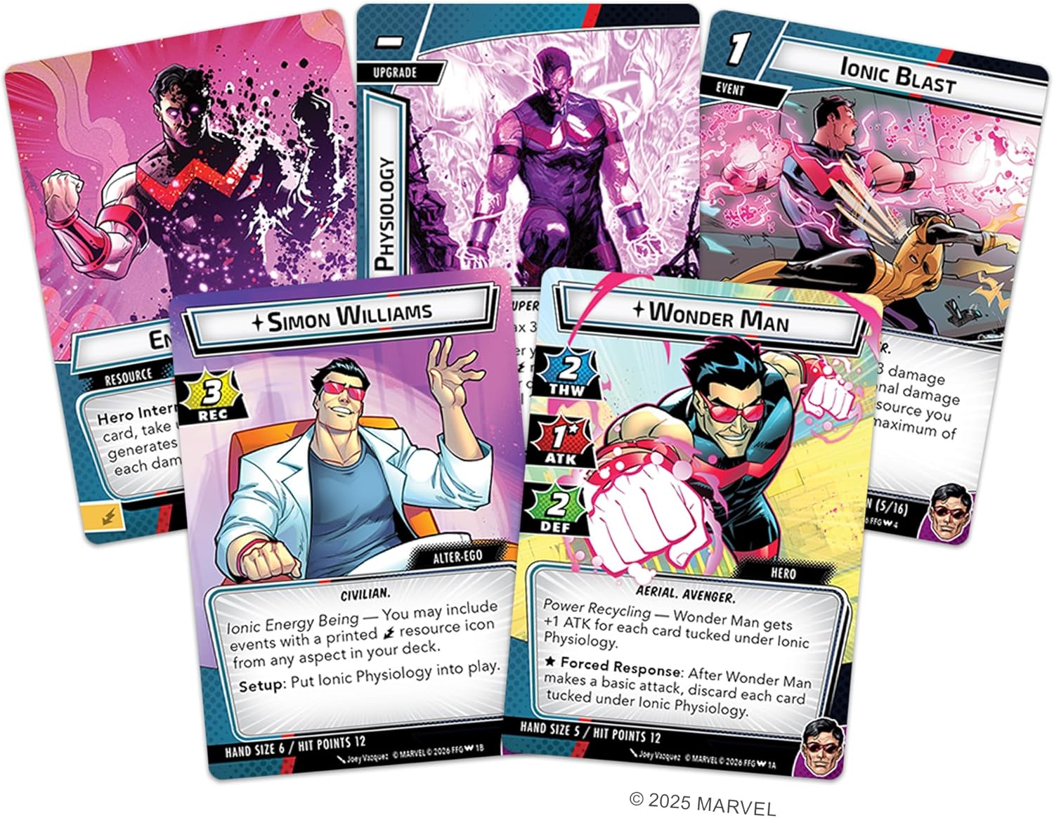 Collection of superhero trading cards featuring various characters with vibrant colors and text.