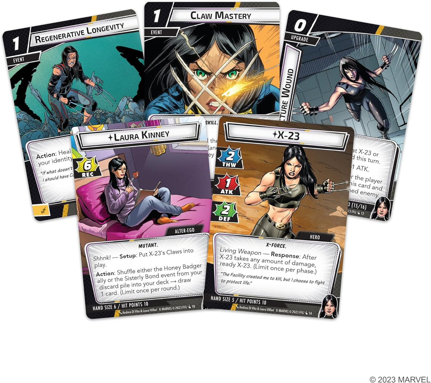 Collection of trading cards for Marvel Champions: X-23 Hero Pack, featuring a character with various abilities and poses.