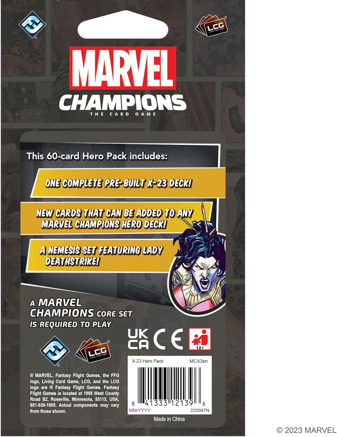 Back of packaging for Marvel Champions: X-23 Hero Pack with character illustration and text on a dark background 