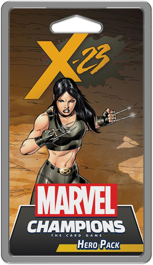 Packaging for Marvel Champions: X-23 Hero Pack featuring an illustration of the character X-23 in a dynamic action pose with claws extended, set against a desert backdrop. The Marvel Champions logo is prominently displayed.