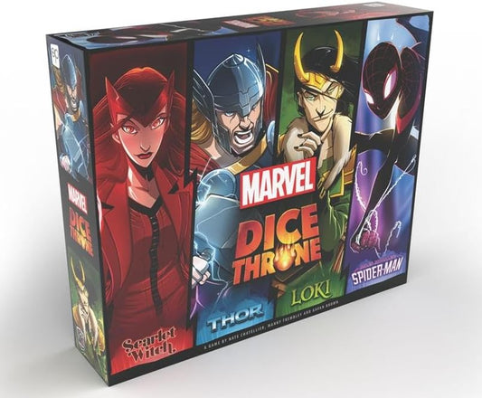 Marvel Dice Throne box packaging with Scarlet witch, Thor, Loki, Spider-man